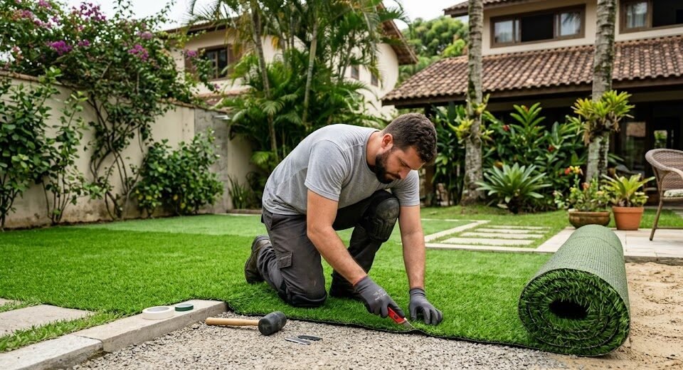 Backyard with artificial turf lawn and paver patio in Kissimmee Florida