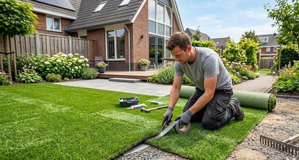 Artificial turf backyard next to a paver patio in Central Florida