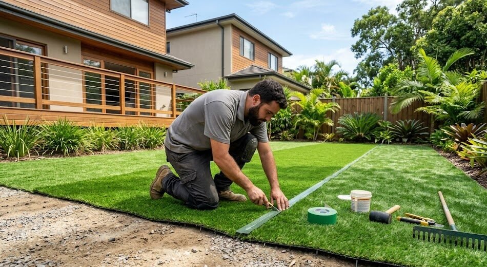 Backyard artificial turf on a compacted base after concrete removal