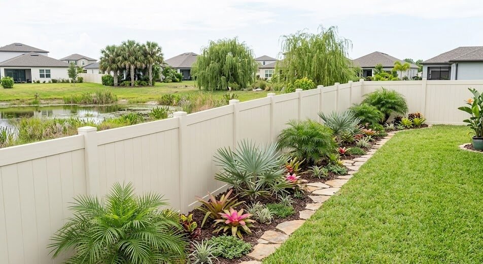New privacy fence installed in a Central Florida backyard during the dry season