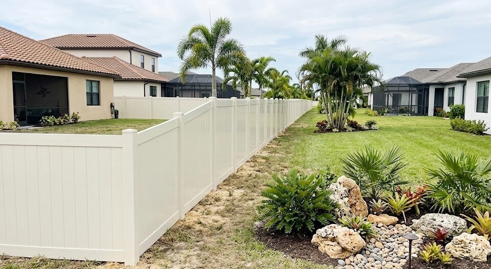Vinyl privacy fence installed on a residential lot in Polk County Florida